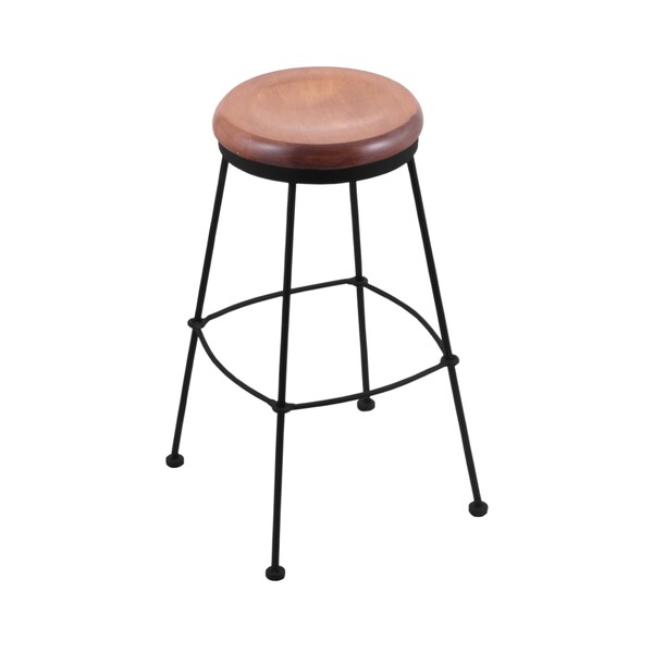 25" Stationary Counter Stool, Black Wrinkle, Med Maple Seat